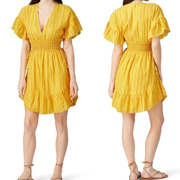 Saylor Yellow Adrianne Ruffle Sleeve Smocked Waist Mini Dress Sz M - Picture 16 of 16